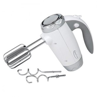 BETTY CROCKER Hand Blender 7 Speed, 250 Watt Electric Mixer with Beaters  and Dough Hooks, Ergonomic, with Stand and Soft Touch Handle, Silver