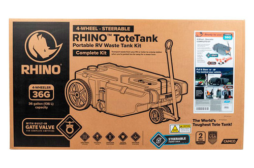 Camco Rhino 28-Gallon Portable Tote Tank For Camper/RV – Includes Hose & Accessories, Part Type: Waste Tank