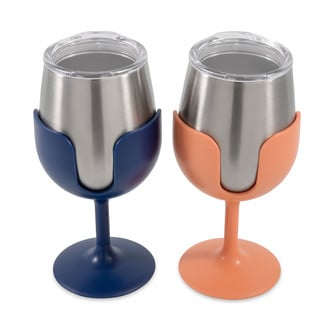 Camco® - "Life is Better at the Campsite" 8 oz. Navy/Peach Stainless Steel Thermo Wine Tumbler Set