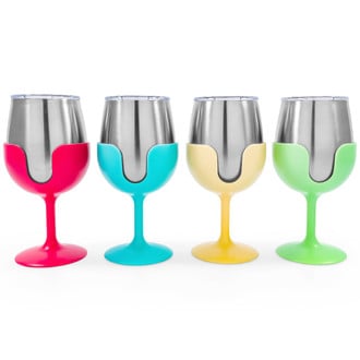 Camco® - "Life is Better at the Campsite" 8 oz. Green/Yellow/Blue/Pink Stainless Steel Thermo Wine Tumbler Set