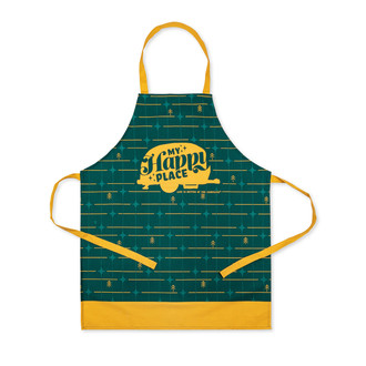 Camco® - "Life is Better at the Campsite" Green Grid Cotton Apron with Yellow Retro RV & "My Happy Place" Text