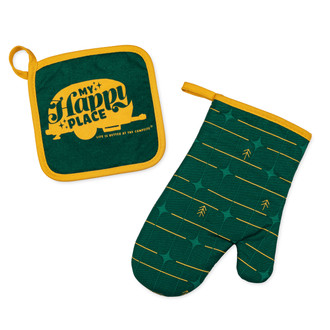 Camco® - "Life is Better at the Campsite" Vintage Green Grid Cotton Oven Mitt with Pot Holder