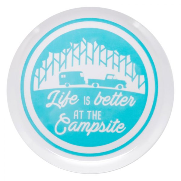 Camco® - "Life is Better at the Campsite" White Melamine Dinner Plate with Trailer & Tree Pattern