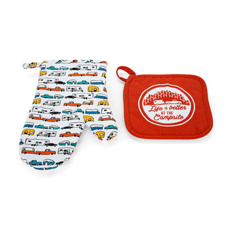 Camco® - "Life is Better at the Campsite" White Cotton Oven Mitt with Pot Holder