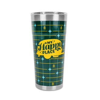 Camco® - "Life is Better at the Campsite" 20 oz. Green Grid Stainless Steel Thermo Tumbler with "My Happy Place" Text