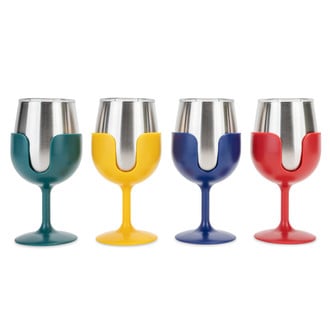 Camco® - "Life is Better at the Campsite" 8 oz. Navy/Red/Yellow/Green Stainless Steel Thermo Wine Tumbler Set