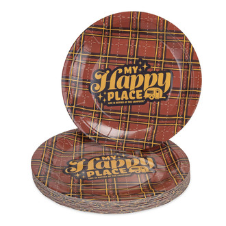 Camco® - "Life is Better at the Campsite" Red Plaid Paper Plates with Yellow Retro RV & "My Happy Place" Text