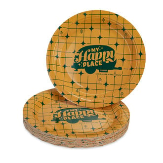 Camco® - "Life is Better at the Campsite" Yellow Grid Paper Plates with Green Retro RV & "My Happy Place" Text