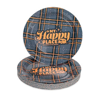 Camco® - "Life is Better at the Campsite" Blue Plaid Paper Plates with Orange Retro RV & "My Happy Place" Text