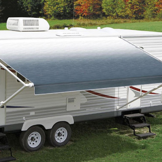 Carefree® - Fiesta™ 18'W x 8'Ext. Blue Shale Fade Vinyl Manual RV Patio Awning Roller Assembly with White Vinyl Weather Shield & White End Caps