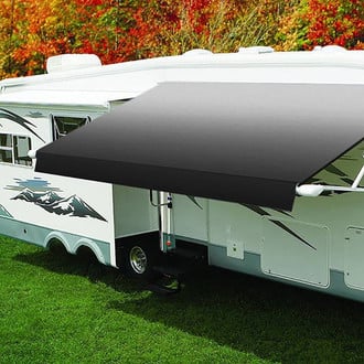 Carefree® - Eclipse™ White Denim Vinyl Power RV Patio Awning Roller Assembly with Black Vinyl Weather Shield & Black End Caps