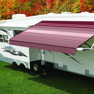 Carefree® - Eclipse™ 18'W x 8'Ext. Bordeaux Dune Stripes Vinyl Power RV Patio Awning Roller Assembly with White Vinyl Weather Shield & White End Caps