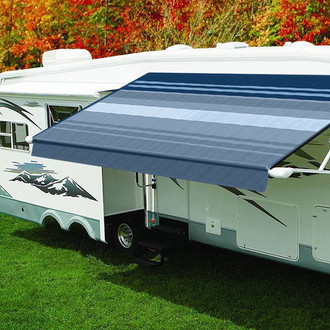 Carefree® - Eclipse™ 14'W x 8'Ext. Ocean Blue Dune Stripes Vinyl Power RV Patio Awning Roller Assembly with White Vinyl Weather Shield & White End Caps
