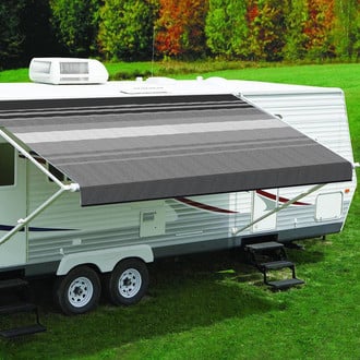 Carefree® - Fiesta™ Dune Stripes Vinyl Manual RV Patio Awning Roller Assembly with White Vinyl Weather Shield & White End Caps