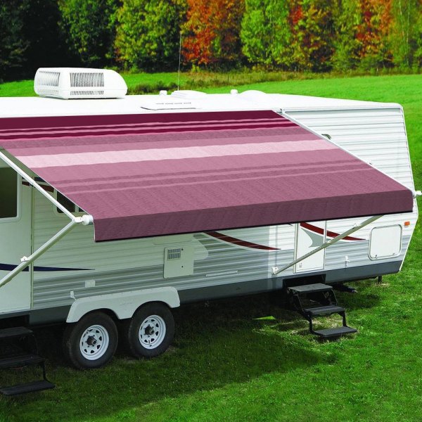 Carefree® - Fiesta™ 15'W x 8'Ext. Bordeaux Vinyl Manual RV Patio Awning Roller Assembly & White End Caps