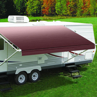 Carefree® - Fiesta™ 16'W x 8'Ext. Burgundy Shale Fade Vinyl Manual RV Patio Awning Roller Assembly with White Vinyl Weather Shield & White End Caps