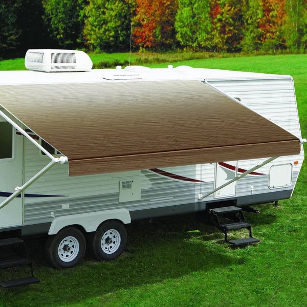 Carefree® - Fiesta™ 15'W x 8'Ext. Camel Vinyl Manual RV Patio Awning Roller Assembly & White End Caps