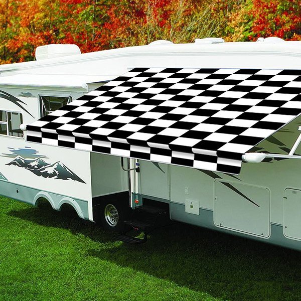 Carefree® - Fiesta™ 21'W x 8'Ext. Checkered Flag Vinyl Manual RV Patio Awning Roller Assembly & White End Caps