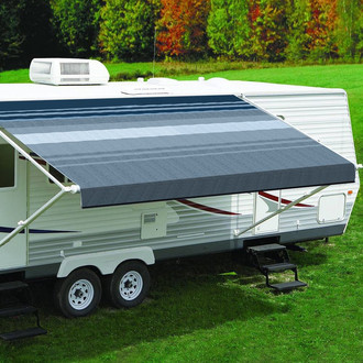 Carefree® - Fiesta™ 16'W x 8'Ext. Ocean Blue Dune Stripes Vinyl Manual RV Patio Awning Roller Assembly with White Vinyl Weather Shield & White End Caps
