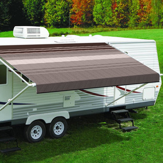 Carefree® - Fiesta™ 21'W x 8'Ext. Sierra Brown Dune Stripes Vinyl Manual RV Patio Awning Roller Assembly with White Vinyl Weather Shield & White End Caps