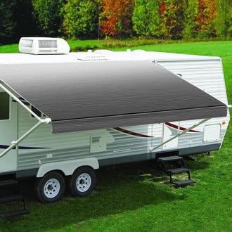Carefree® - Fiesta™ 15'W x 8'Ext. Silver Shale Fade Vinyl Manual RV Patio Awning Roller Assembly with White Vinyl Weather Shield & White End Caps