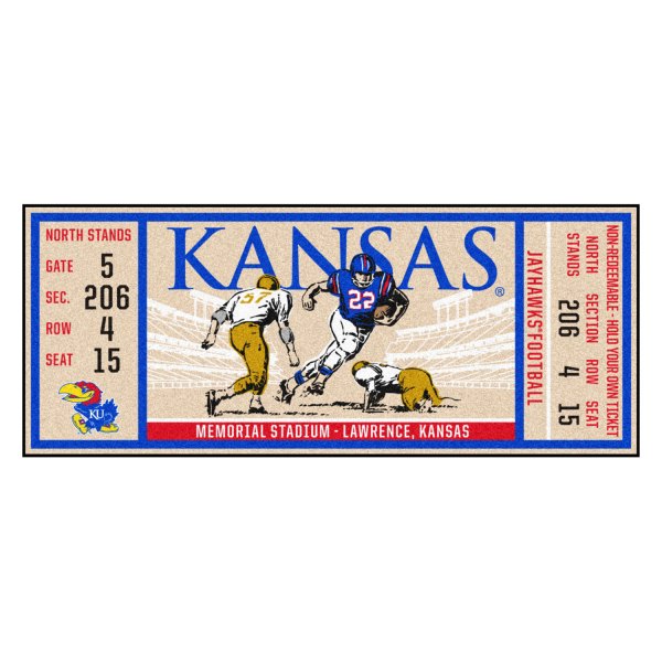 FanMats® - University of Kansas 30" x 72" Nylon Face Ticket Runner Mat with "KU Bird" Logo