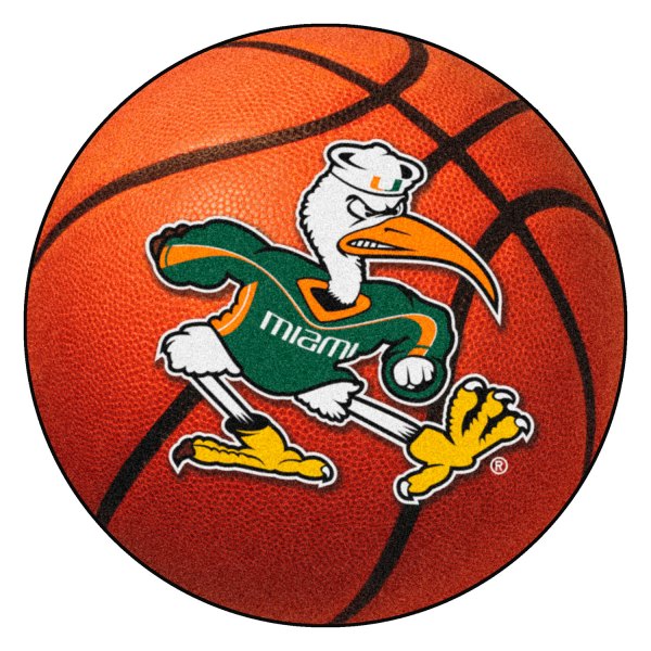 FanMats® - University of Miami 27" Dia Nylon Face Basketball Ball Floor Mat with "Sebastian the Ibis" Logo
