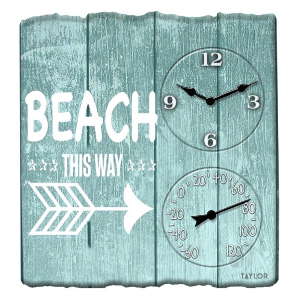 Taylor® - "Beach This Way" Square 14" x 14" Wall Clock with Thermometer