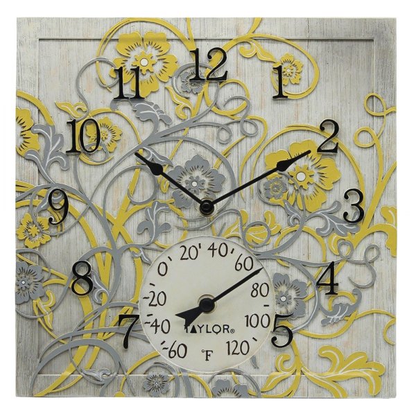 Taylor® - "Beachwood" Square 14" x 14" Wall Clock with Thermometer