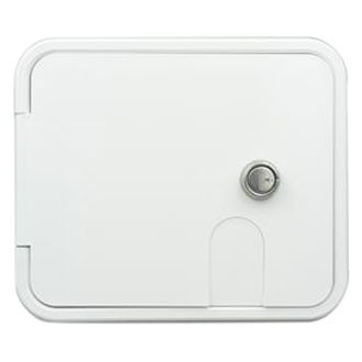 Thetford® - 6-1/2" H x 7-5/8" W White Gravity/City Water Hatch with Key Lock Door & 1/2" MPT Brass Check Valve