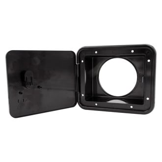 Thetford® - 6.5"H x 7.6"W Black Rectangular Sewer Hose Hatch with Round Back Hole