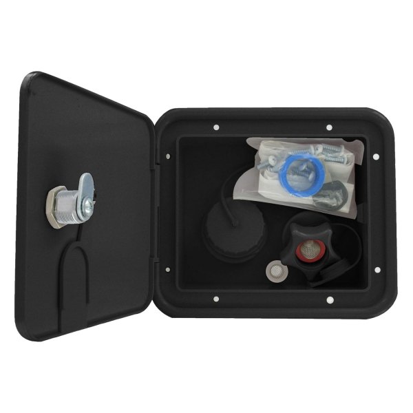 Valterra® - 6-1/2" H x 7-5/8" W Black Gravity/City Water Hatch with Key Lock Door & 1/2" MPT Plastic Check Valve
