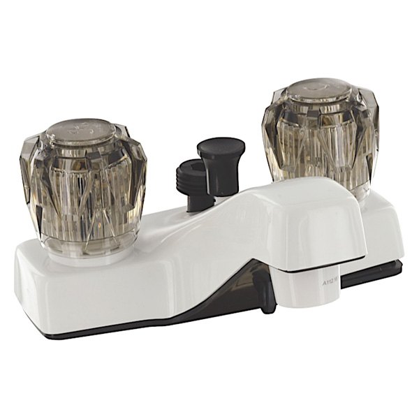 Valterra® - White Plastic Lavatory Faucet with Clear Smoked Knobs Handles & Diverted