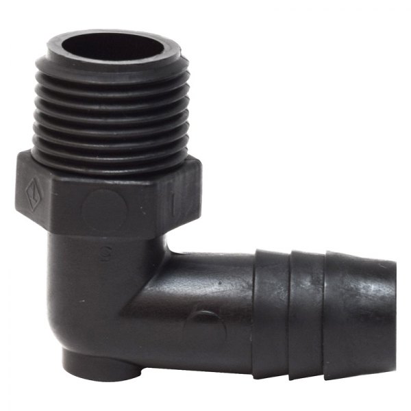 90° Black Plastic Elbow Male Adapter (3/8" MNPT x 1/2" Barb)