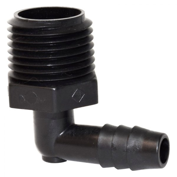 90° Black Plastic Elbow Male Adapter (1/2" MNPT x 3/8" Barb)